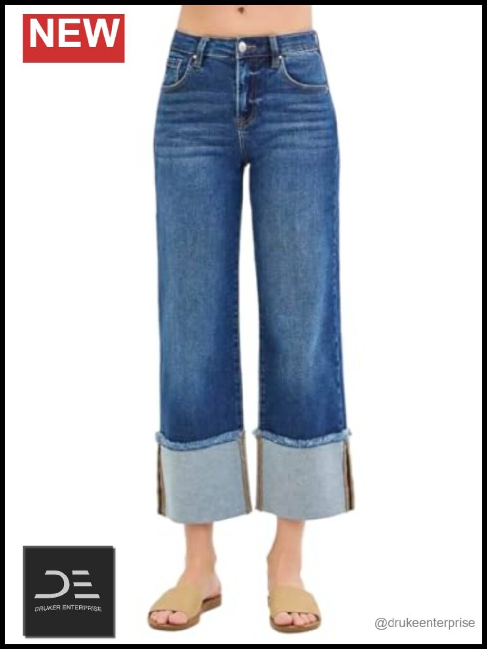 Risen Mid Rise Wide Cuffed Jeans Stretch Cotton